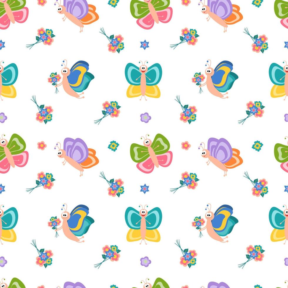Seamless illustration with cute butterflies and flowers. Cartoon character. Vector for fabric, wallpaper or wrapping paper.
