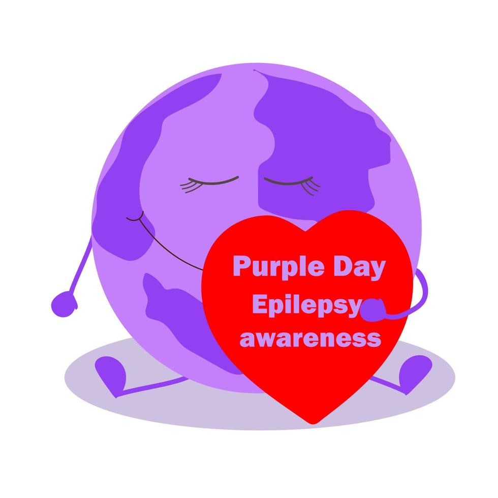 Purple earth holds a red heart in her hands. Purple day. 26 March. World Epilepsy Awareness Day. Design for a postcard, banner, poster or template. Flat illustration. vector