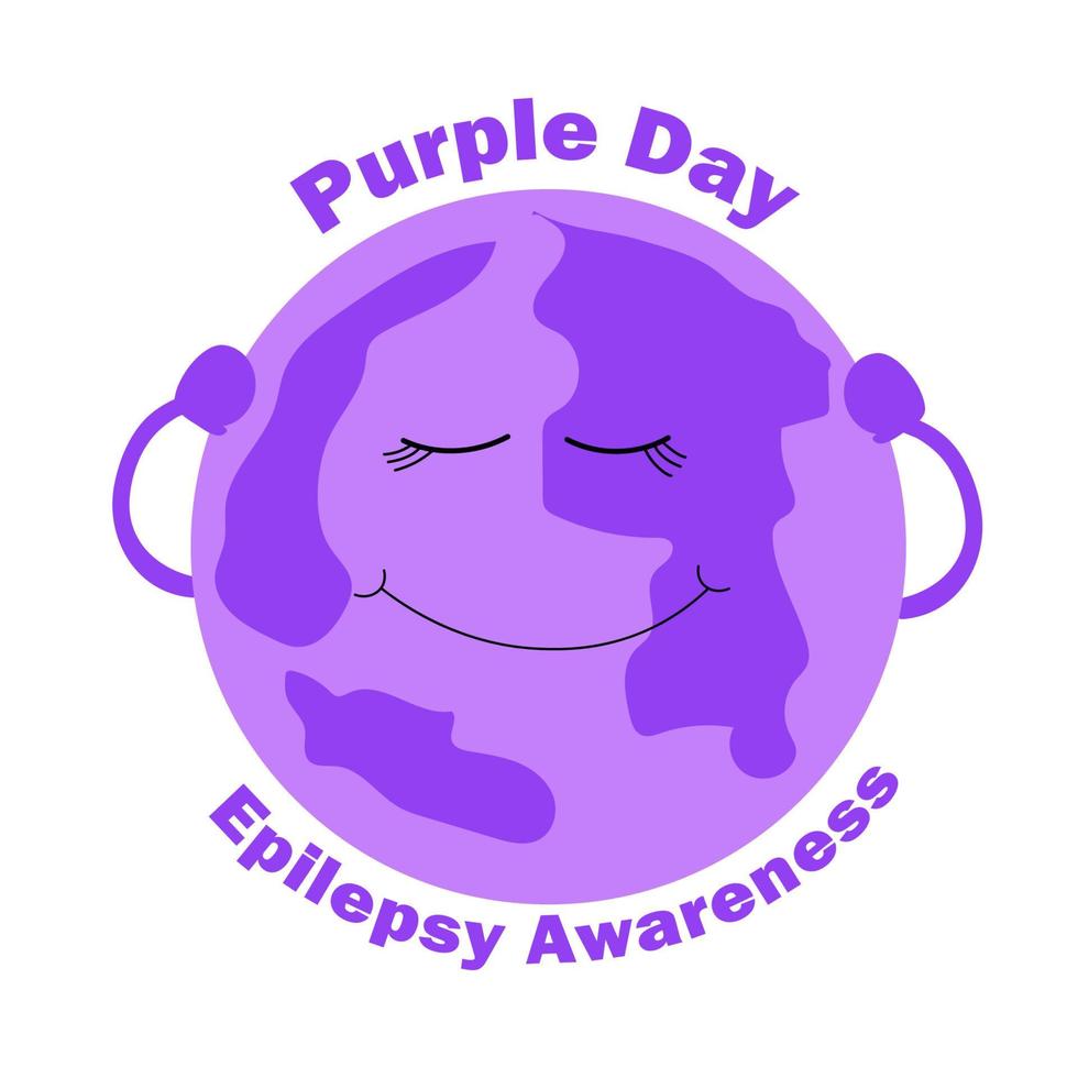 Violet earth holds hands behind the head. World Epilepsy Awareness Day. Purple day. March 26. Design for a postcard, banner, poster or template. Flat illustration. vector