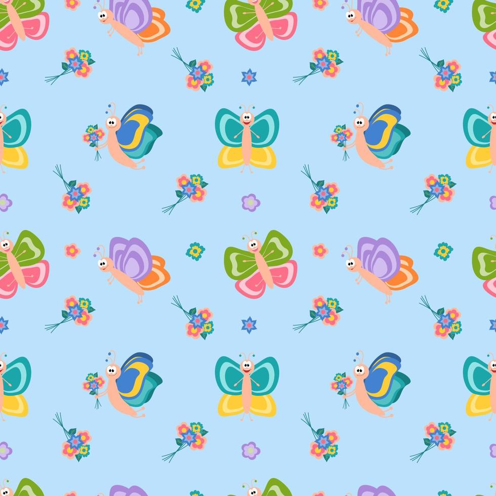 Seamless illustration with cute butterflies and flowers. Cartoon character. Vector for fabric, wallpaper or wrapping paper.