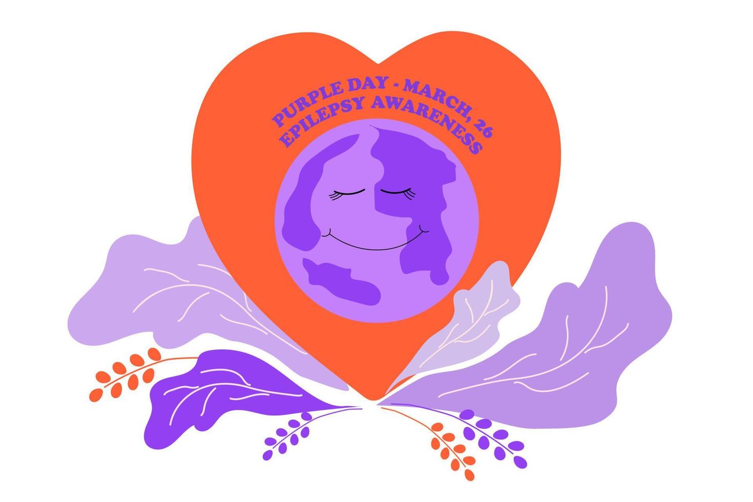 Purple earth on a red heart. World Epilepsy Awareness Day. Purple day. 26 March. Design for a postcard, banner, poster or template. Flat illustration. vector