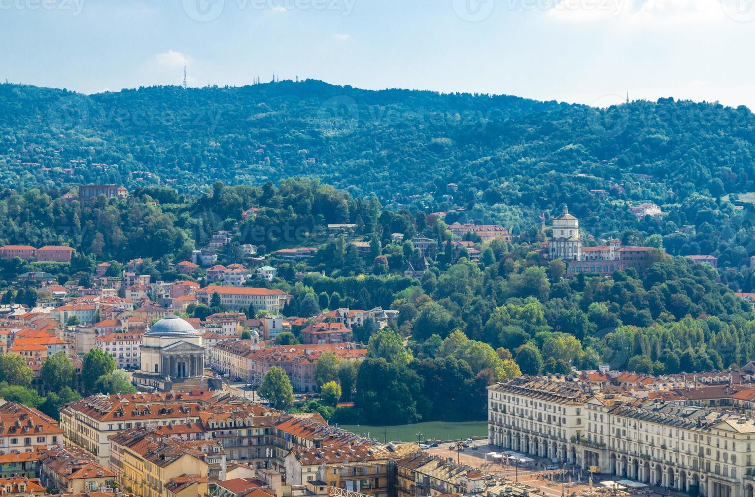 Aerial top panoramic view of Turin Torino city historical centre, Piazza Vittorio Veneto square photo