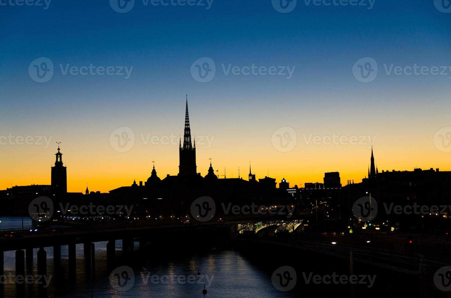 Silhouette of Stockholm cityscape skyline at sunset, dusk, Sweden photo