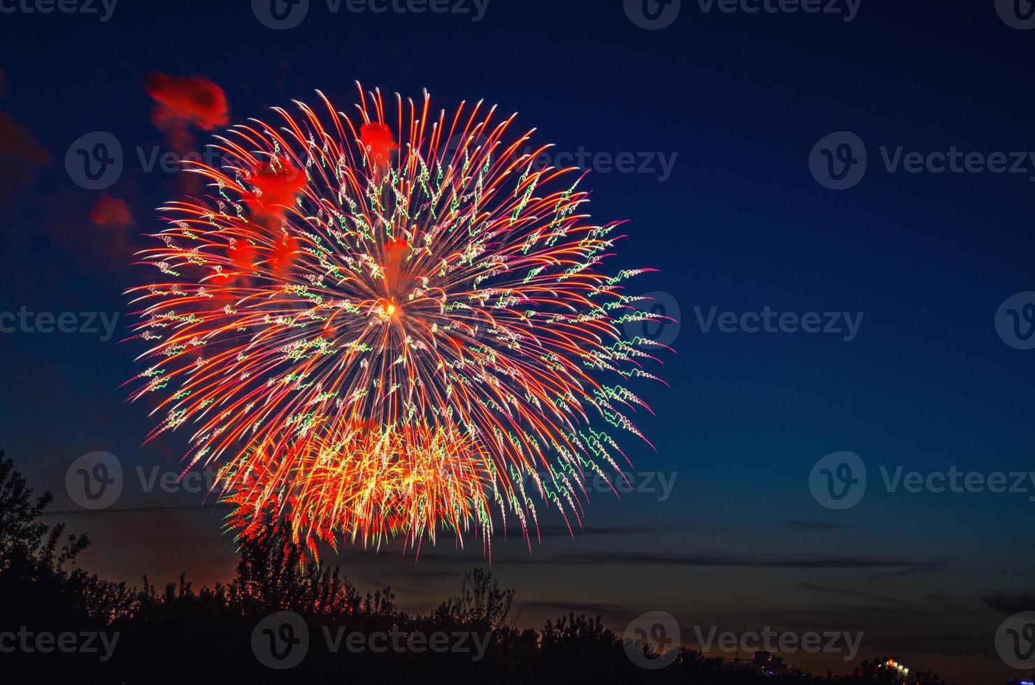 fuegos artificiales de colores brillantes en el cielo azul oscuro de la noche foto