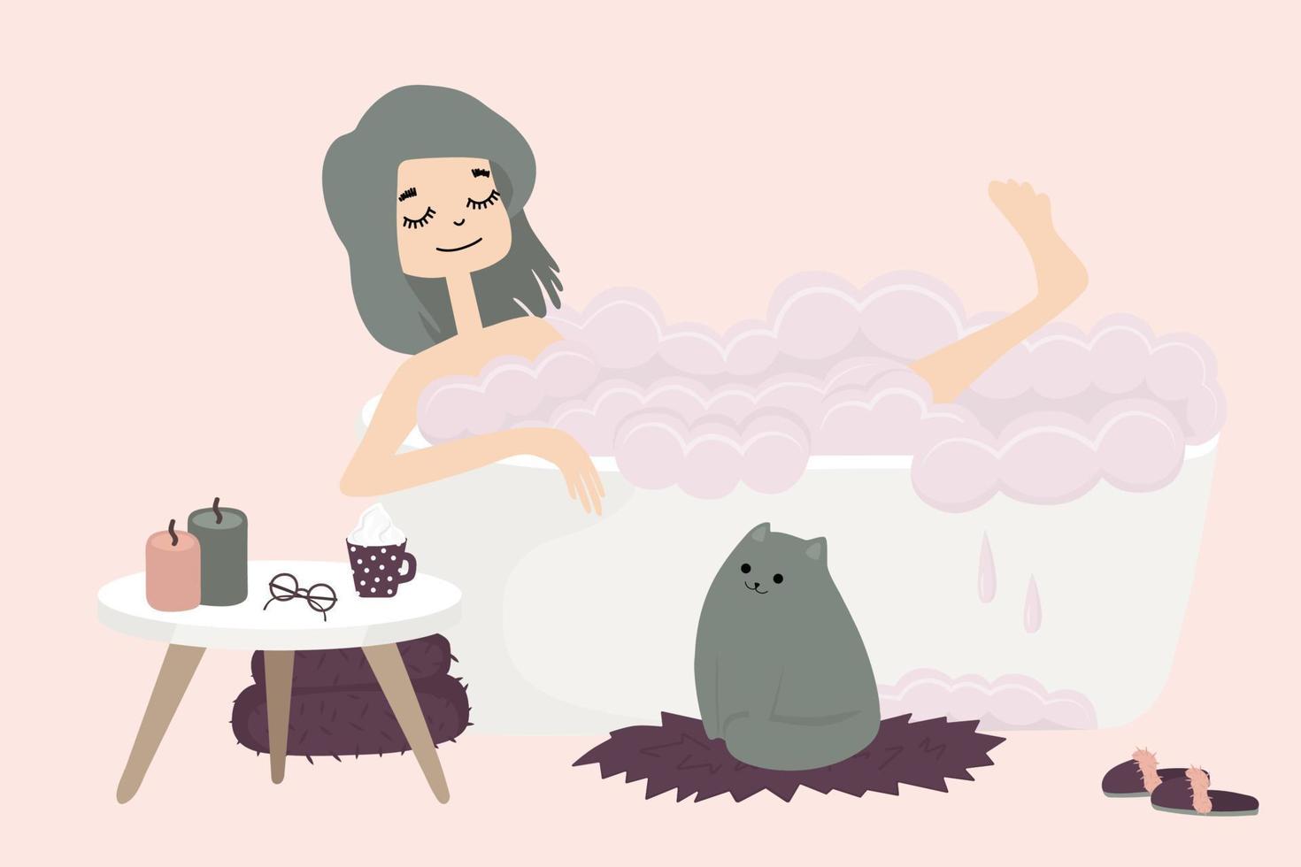 Young woman with cat is taking a bath. Relaxation in cozy home. Girl in the bathroom. Vector illustration.