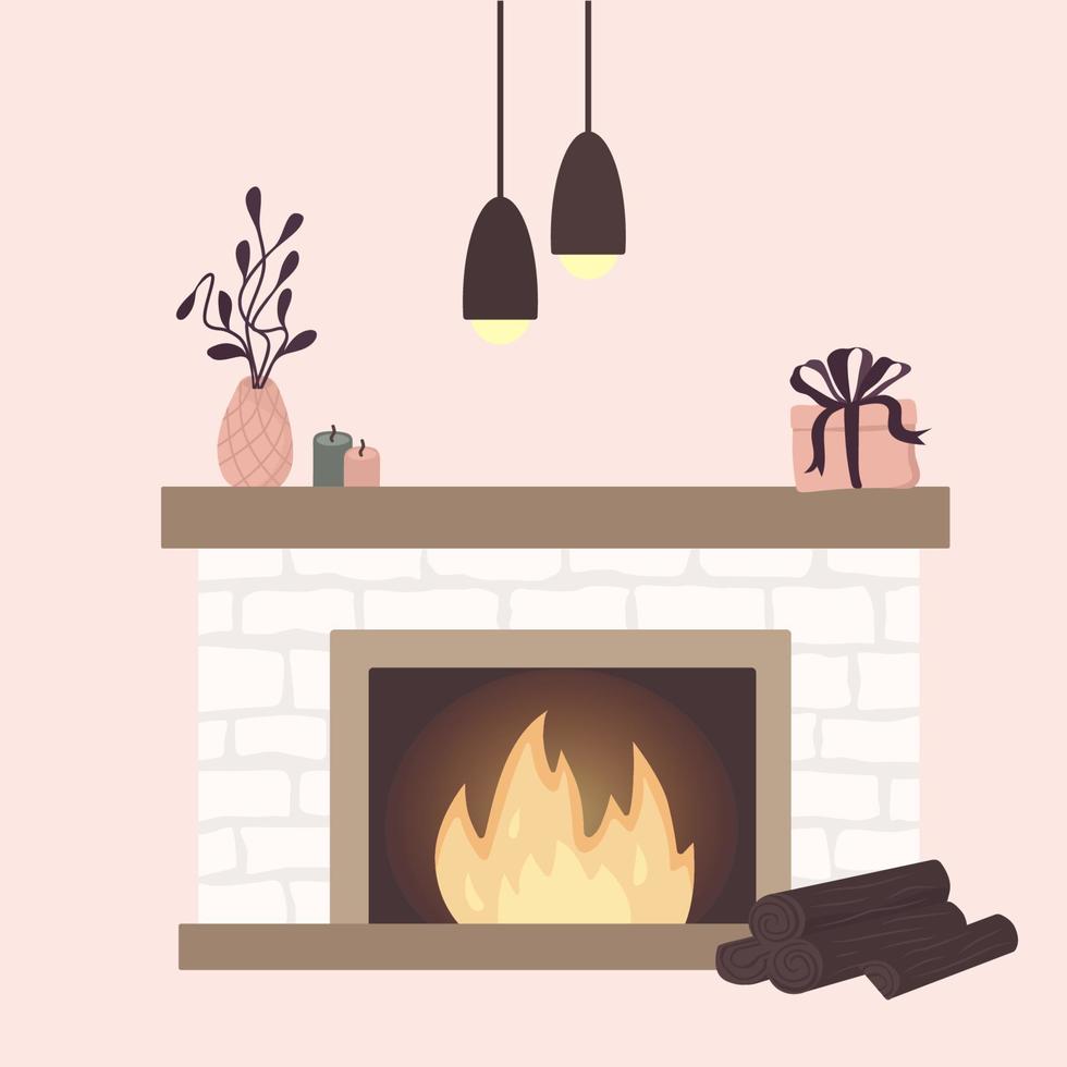 decoraciones caseras interiores escandinavas: corona, gato, árbol, regalo, velas, mesa. acogedora temporada de vacaciones de invierno. lindo estilo hygge. vector. aislado. vector