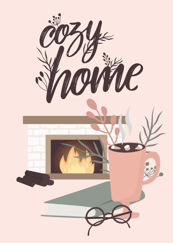 cartel cita decoraciones interiores escandinavas - corona, gato, árbol, regalo, velas, mesa. composiciones acogedora temporada de vacaciones de invierno. lindo estilo hygge. vector. aislado. vector