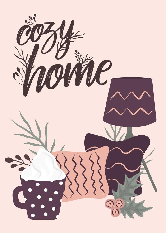 cartel cita decoraciones interiores escandinavas - corona, gato, árbol, regalo, velas, mesa. composiciones acogedora temporada de vacaciones de invierno. lindo estilo hygge. vector. aislado. vector