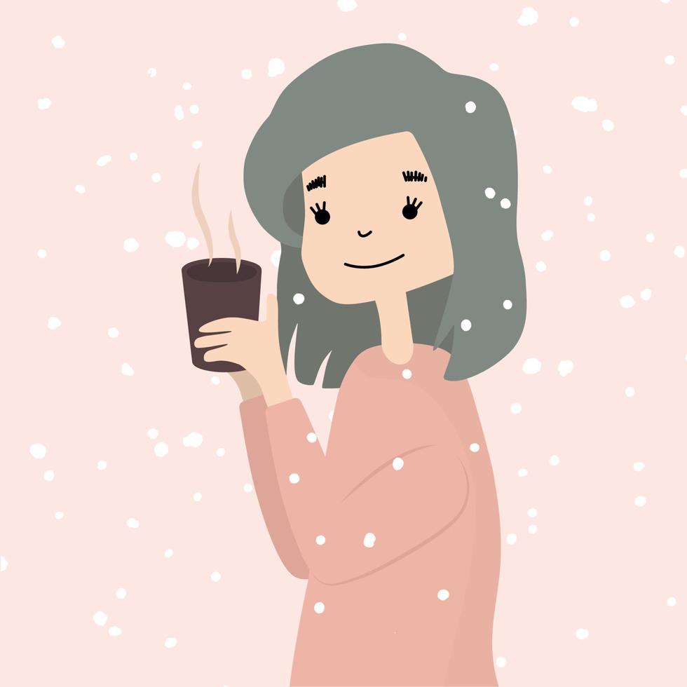 portrait of cute winter cartoon girl with coffee cup vector