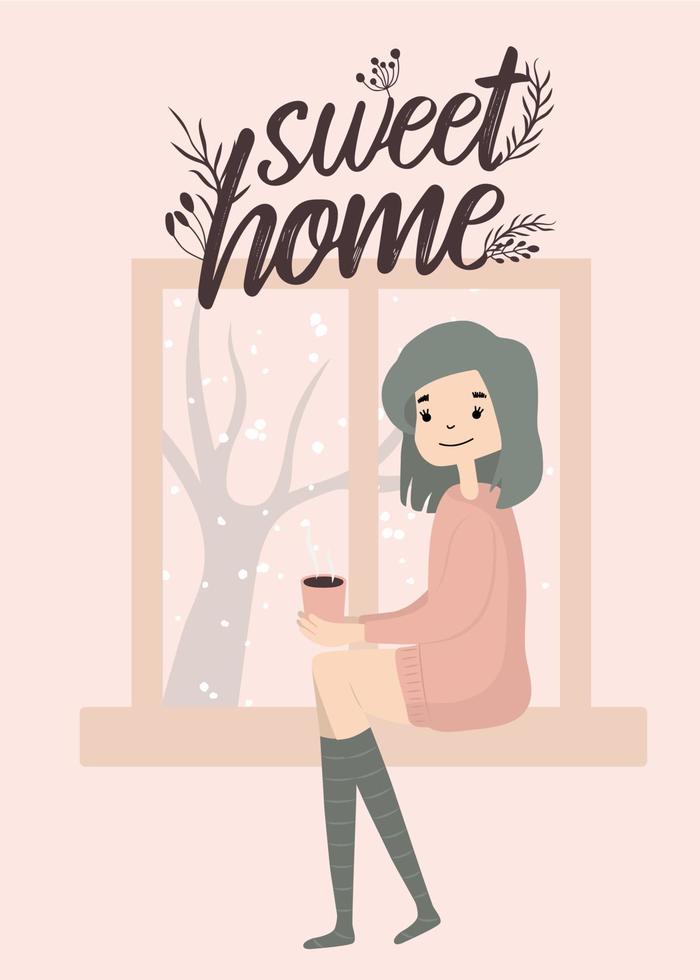 Poster Cute girl sitting with cat by the window and drink hot coffee tea cacao. Cozy winter. Illustration in cartoon style. vector
