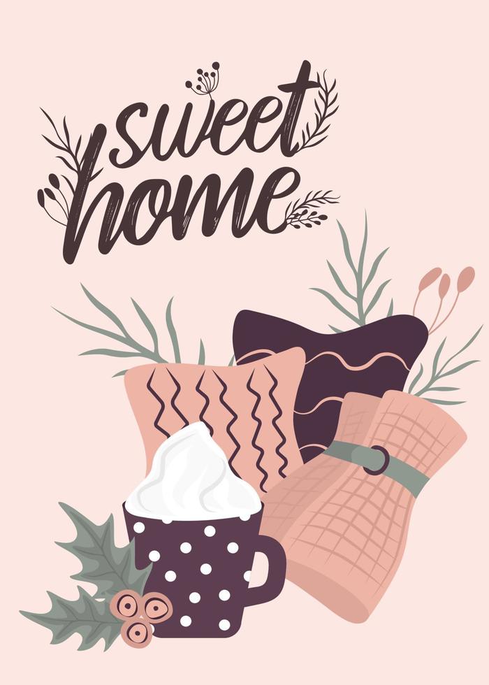 Poster quote Scandinavian interior home decorations - wreath, cat, tree, gift, candles, table. Compositions. Cozy Winter holiday season. Cute Hygge style. Vector. Isolated. vector