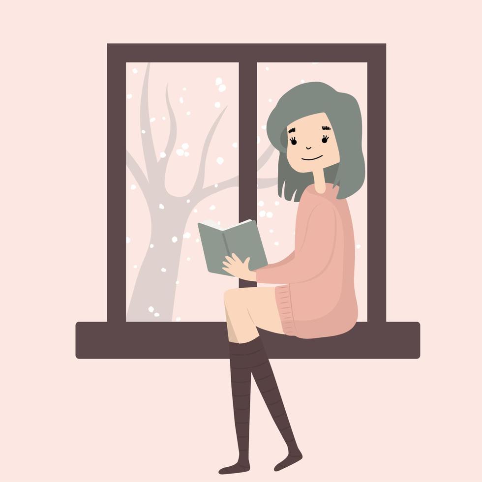 Cute girl sitting with cat by the window and reading. Cozy winter. Illustration in cartoon style. vector