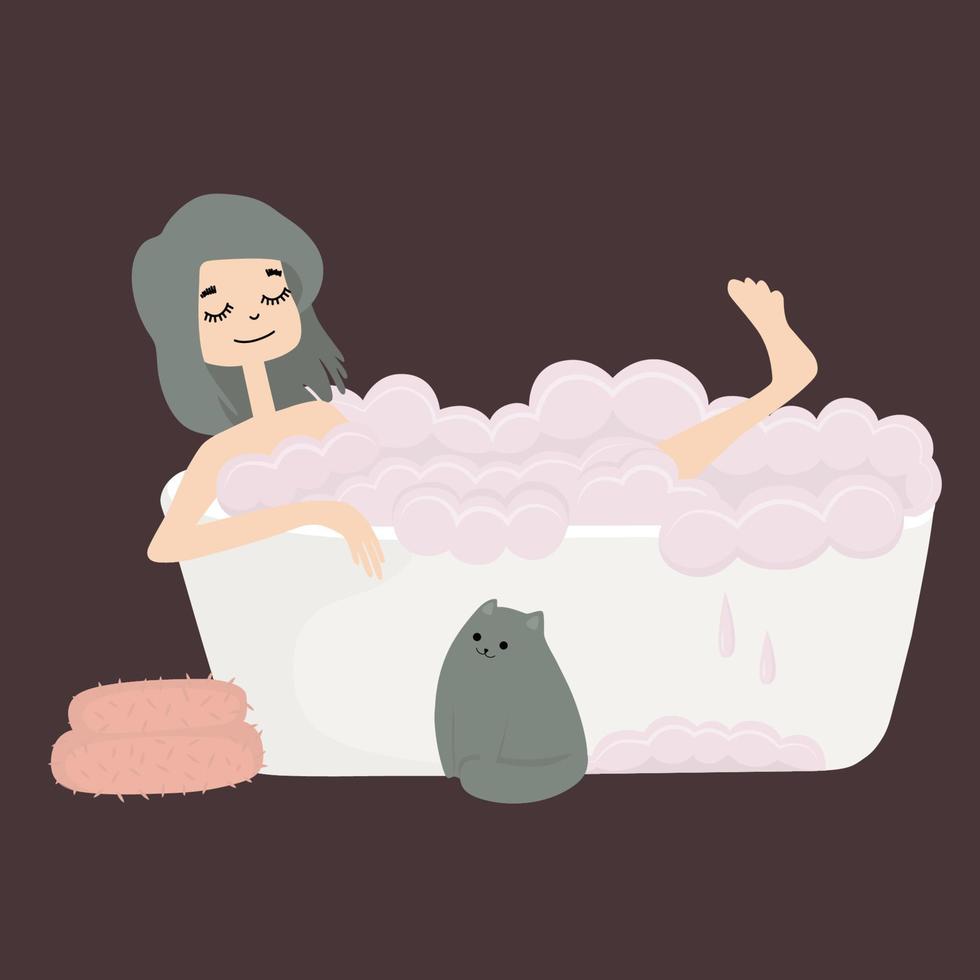 Young woman with cat is taking a bath. Relaxation in cozy home. Girl in the bathroom. Vector illustration.
