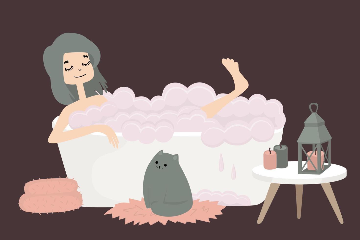 Young woman with cat is taking a bath. Relaxation in cozy home. Girl in the bathroom. Vector illustration.