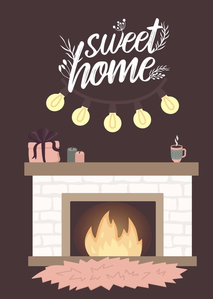 Poster quote Scandinavian interior home decorations - wreath, cat, tree, gift, candles, table. Cozy Winter holiday season. Cute Hygge style. Vector. Isolated. vector