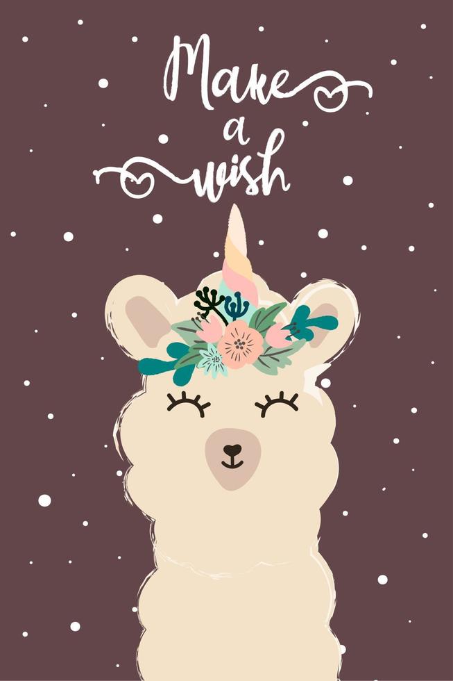 Holiday card with cute cartoon llama and  slogan. Alpaca wearing flowers  wreath with unicorn horn  snowflakes back. Vector, isolated. Make a wish. Hand drawn illustration vector