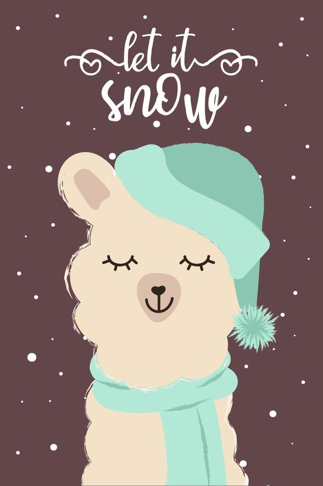 Holiday card with cute cartoon llama and  slogan.Alpaca wearing knitted hat and scarf with snowflakes back. Vector, isolated. Let it snow. Hand drawn illustration vector