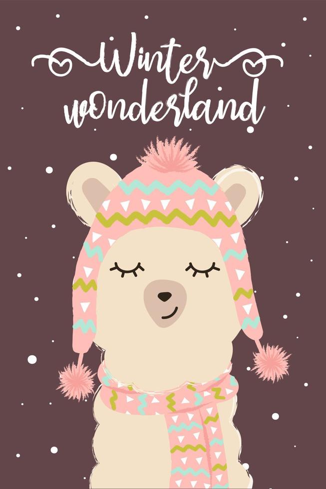 Holiday card with cute cartoon llama and  slogan. Alpaca wearing knitted hat and scarf with snowflakes back. Vector, isolated. Winter wonderland. Hand drawn illustration vector