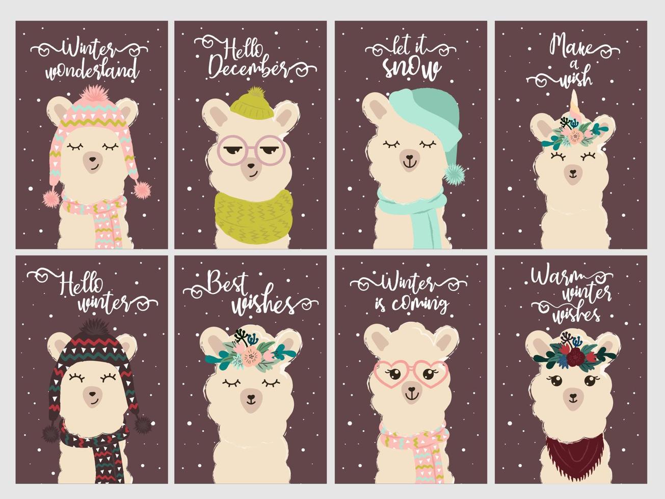 Set of Holiday cards with cute cartoon llama and slogan.Alpaca wearing knitted hat and scarf with snowflakes back. Vector, isolated. Hello winter. Hand draw illustration vector