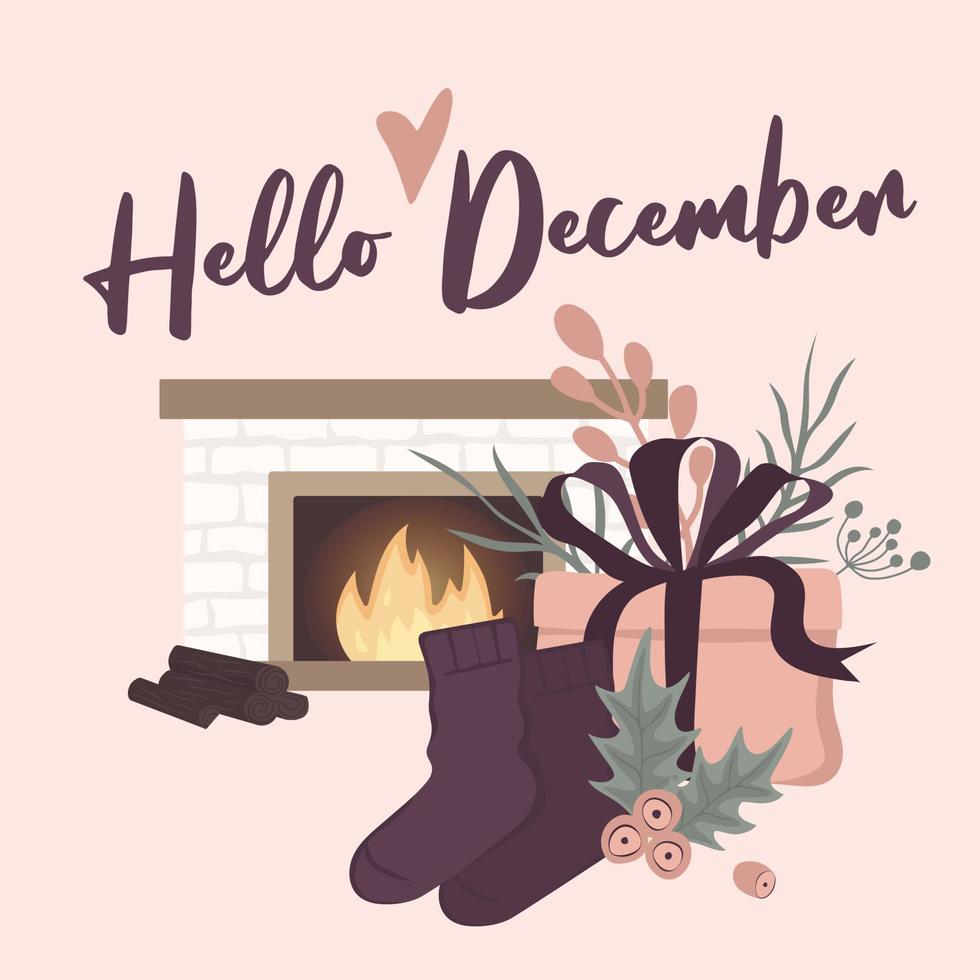 Hello december. Winter lettering quotes. Hand written vector printable for posters, postcards, prints. Cozy phrase for winter or autumn time. Modern calligraphy.