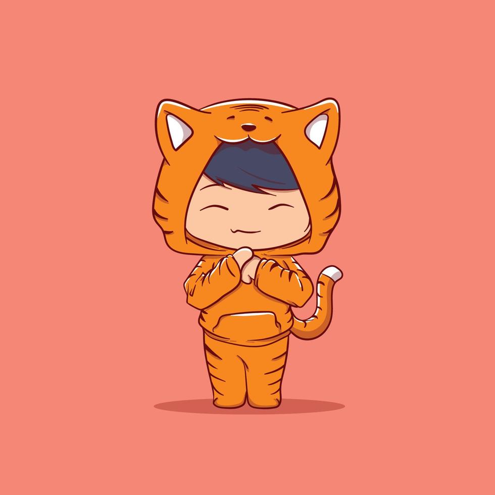 cute character with a tiger costume greetings chinese style vector