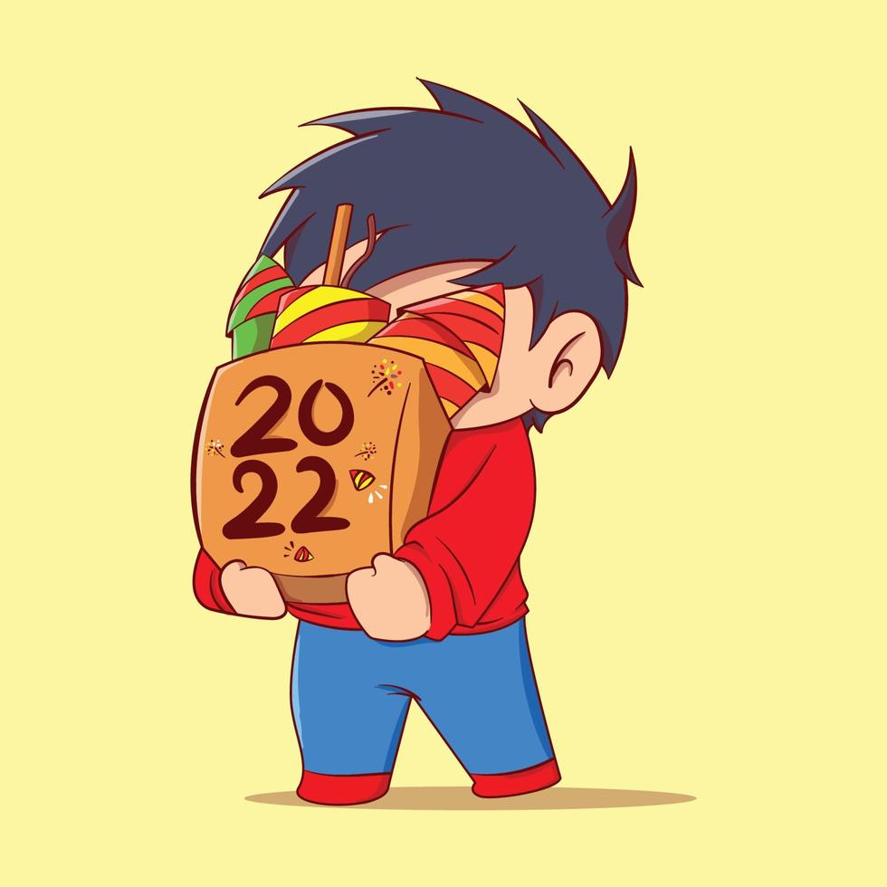 cute boy shopping a lot of fireworks for new year 2022 vector
