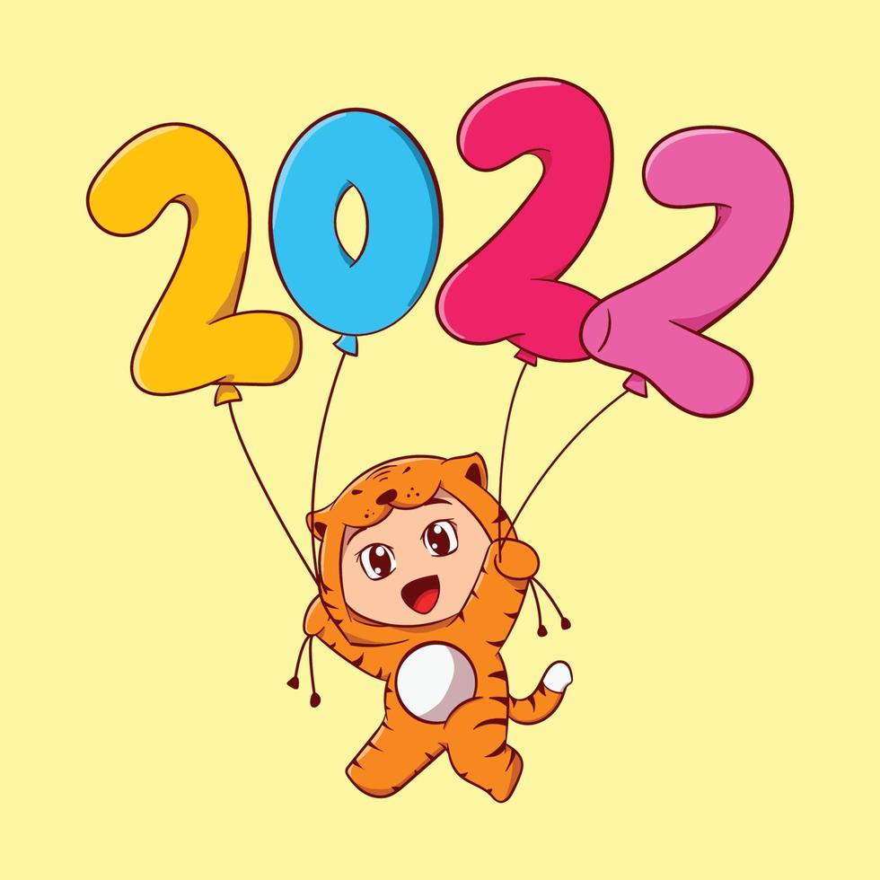 cute kids character holding balloon text 2022 with tiger costume vector