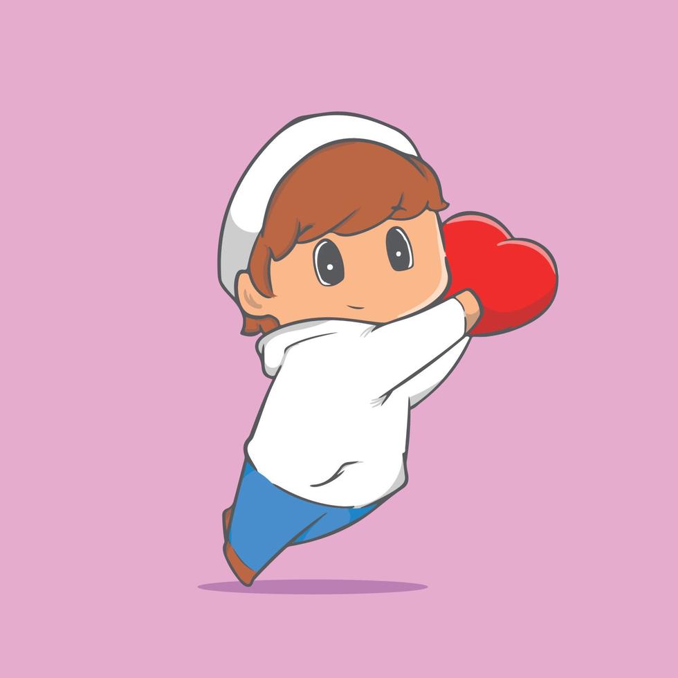 cute illustration of a Muslim boy feeling happy with a heart pillow vector
