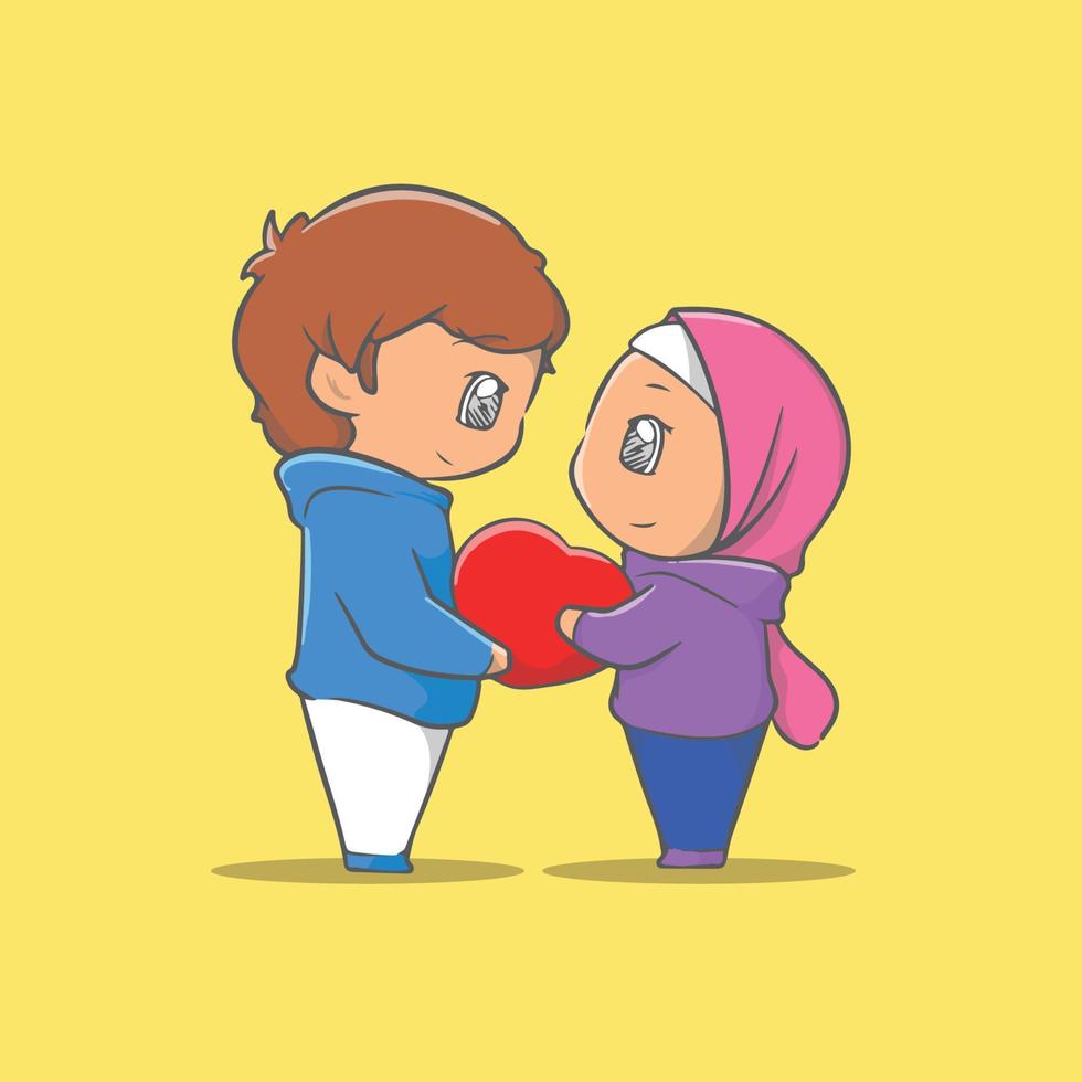 cute illustration of a Muslim couple face to face with a gift of ...