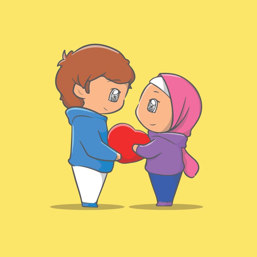 cute illustration of a Muslim couple face to face with a gift of love pillow vector