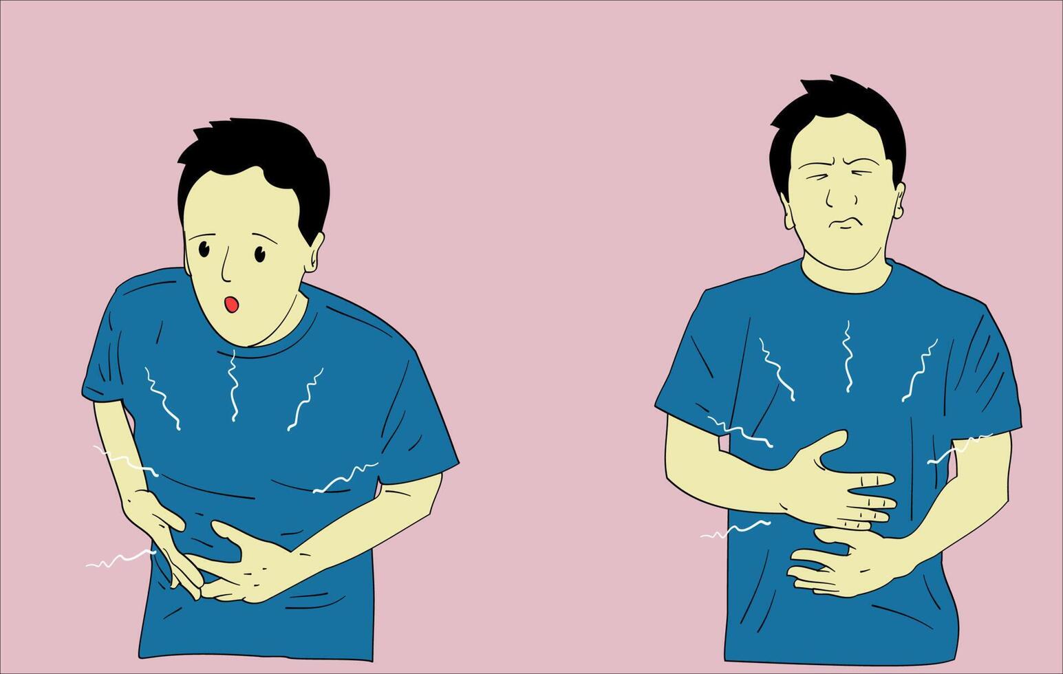 Unhealthy man suffer from stomach ache or gastritis. Unwell male touch belly struggle with abdominal pain. Hand drawn style vector design illustrations.