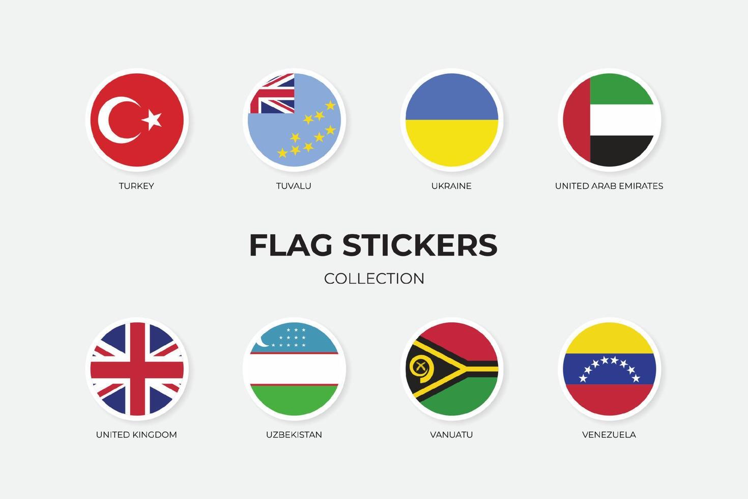 Flag Stickers of Turkey, Tuvalu, Ukraine, United Arab Emirates, United Kingdom, Uzbekistan, Vanuatu, Venezuela vector