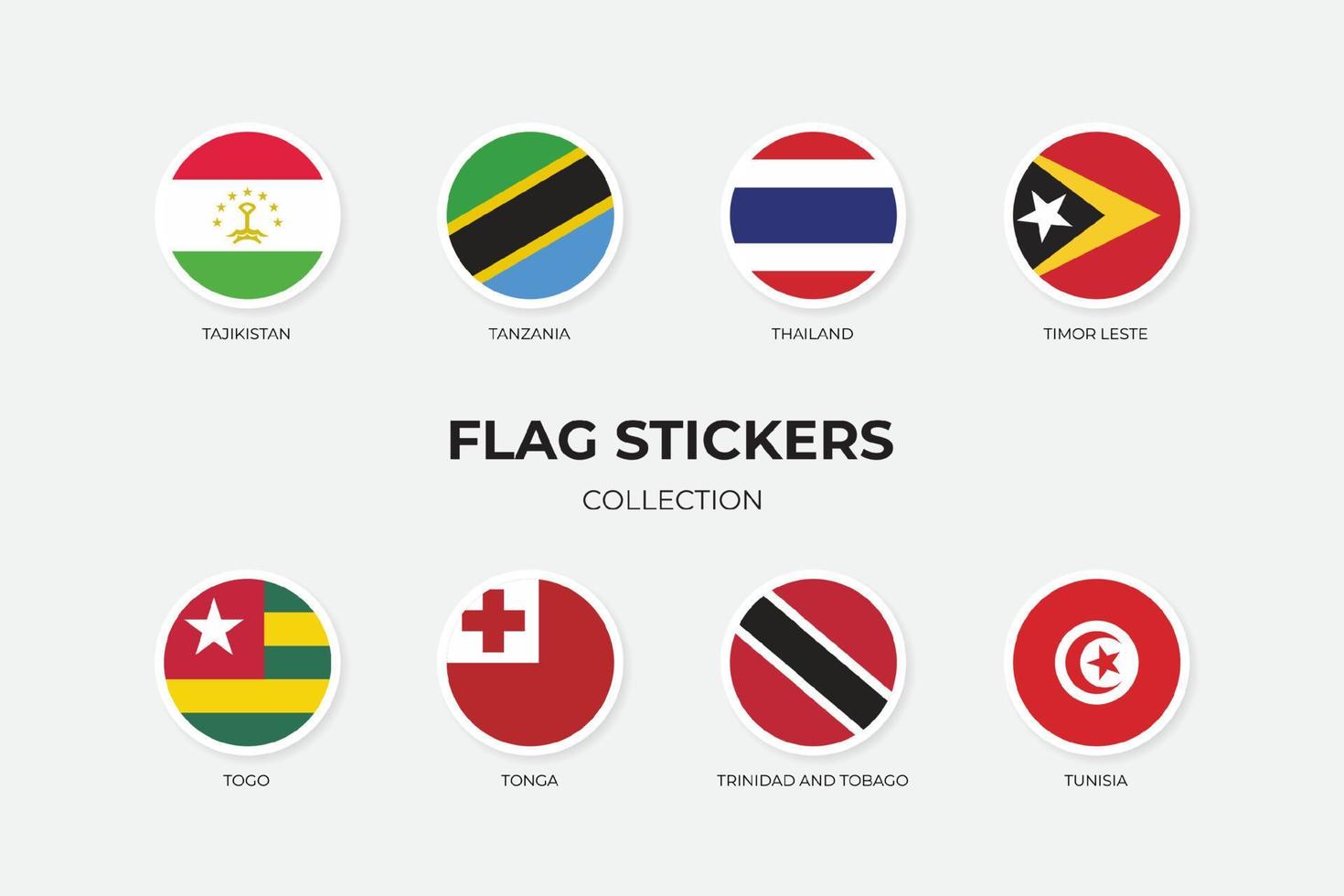 Flag Stickers of Tajikistan, Tanzania, Thailand, Timor Leste, Togo, Tonga, Trinidad and Tobago, Tunisia vector