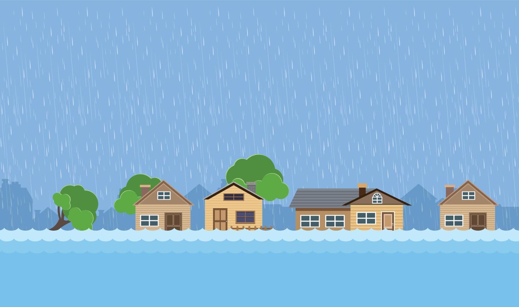 Flood natural disaster with house, heavy rain and storm , damage with home, clouds and rain, flooding water in city, Flooded house. vector