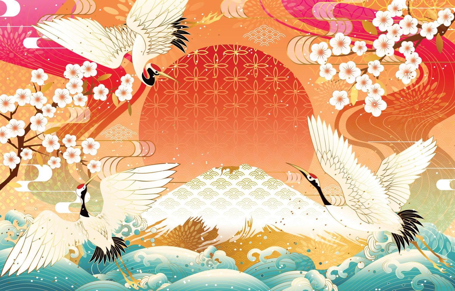 Japanese Style Element Concept with Cranes and Mount Fuji vector