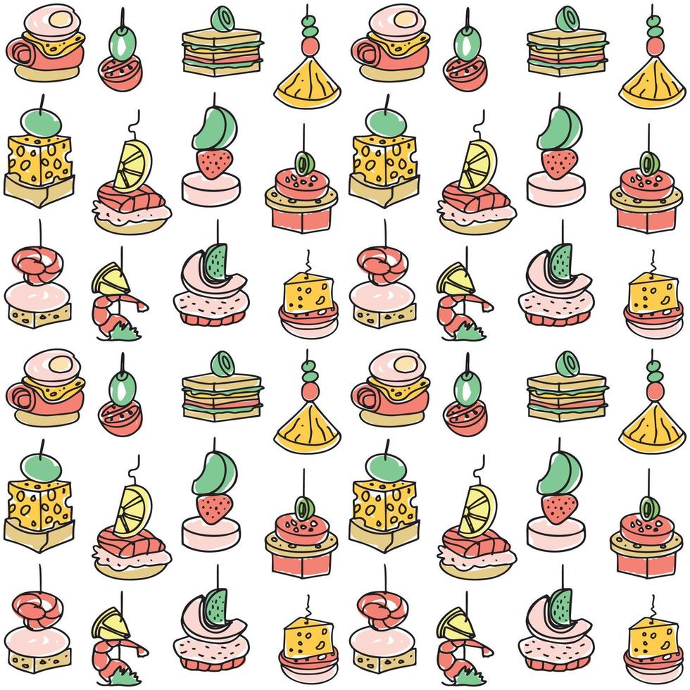 tapas sketch vector illustration. fast food meal concept. snacks on the bread. meat, fish and vegetable canape, little piece of baguette