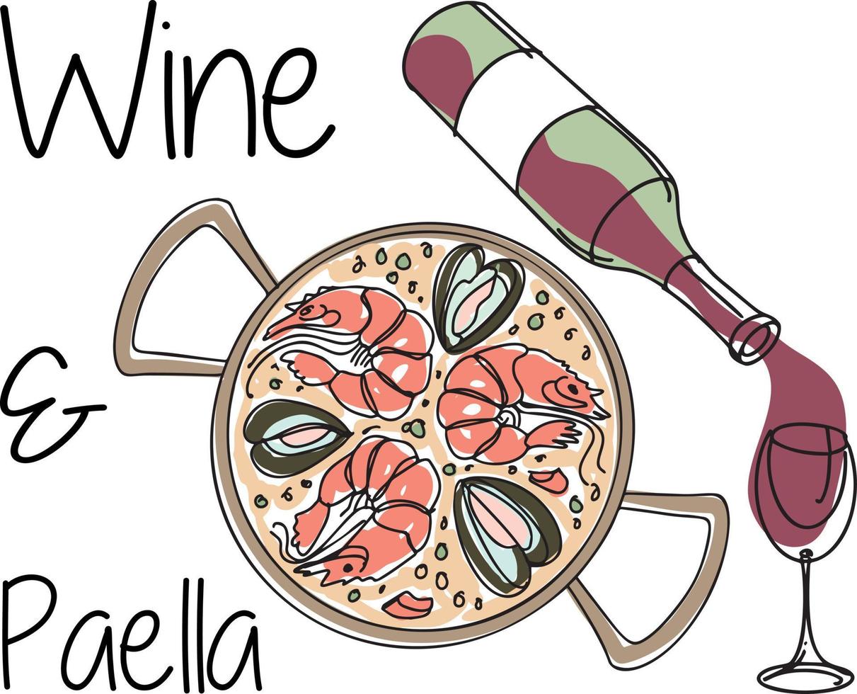 Paella, olive oil, wine glass of sangria and wine, tapas. Seafood food recipes. Street food, cafe menu. Lettering and illustrations in cartoon flat style. vector