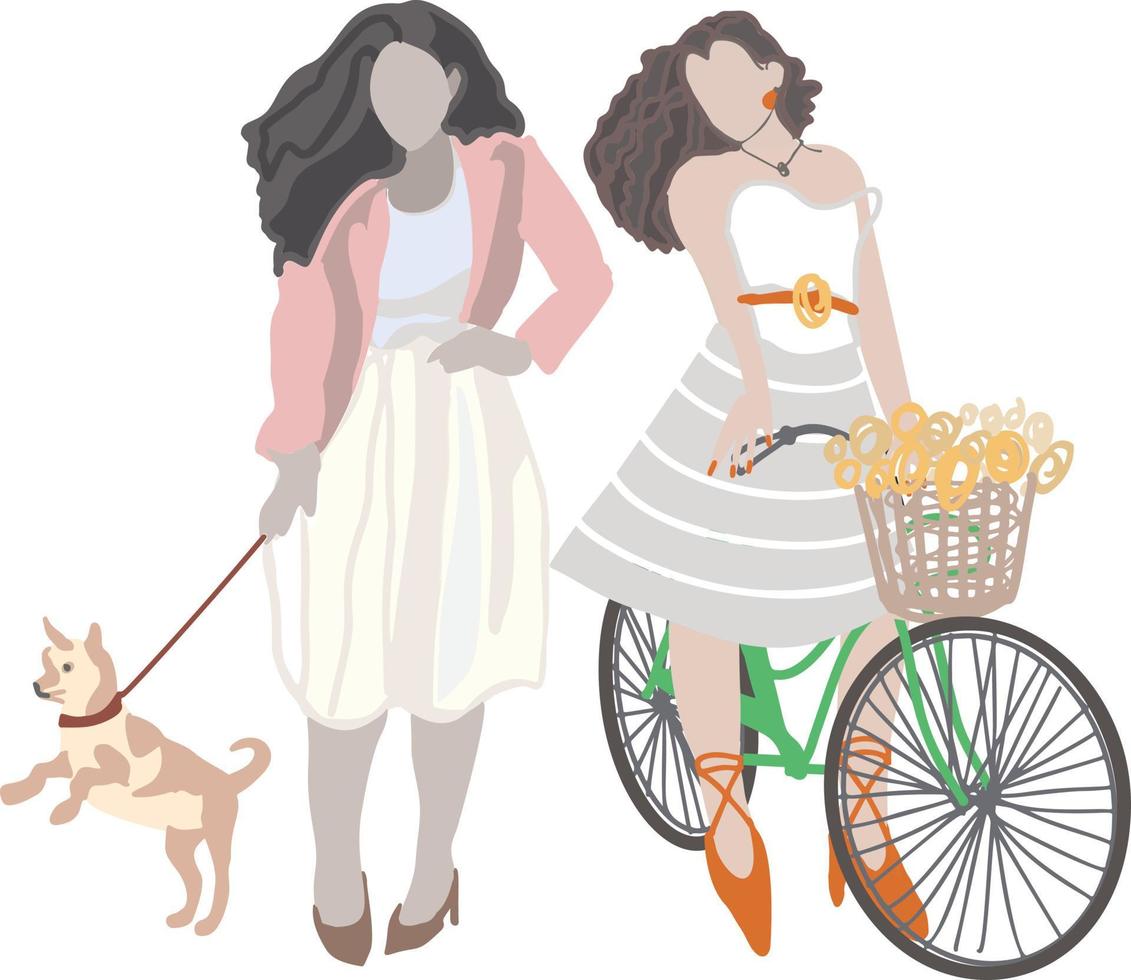 young woman  with dog talking with girl who riding bicycle with flowers in bike basket, vector