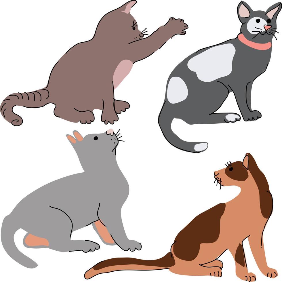 Cartoon cats simple modern sketch, different cat characters set, poses and emotions. vector