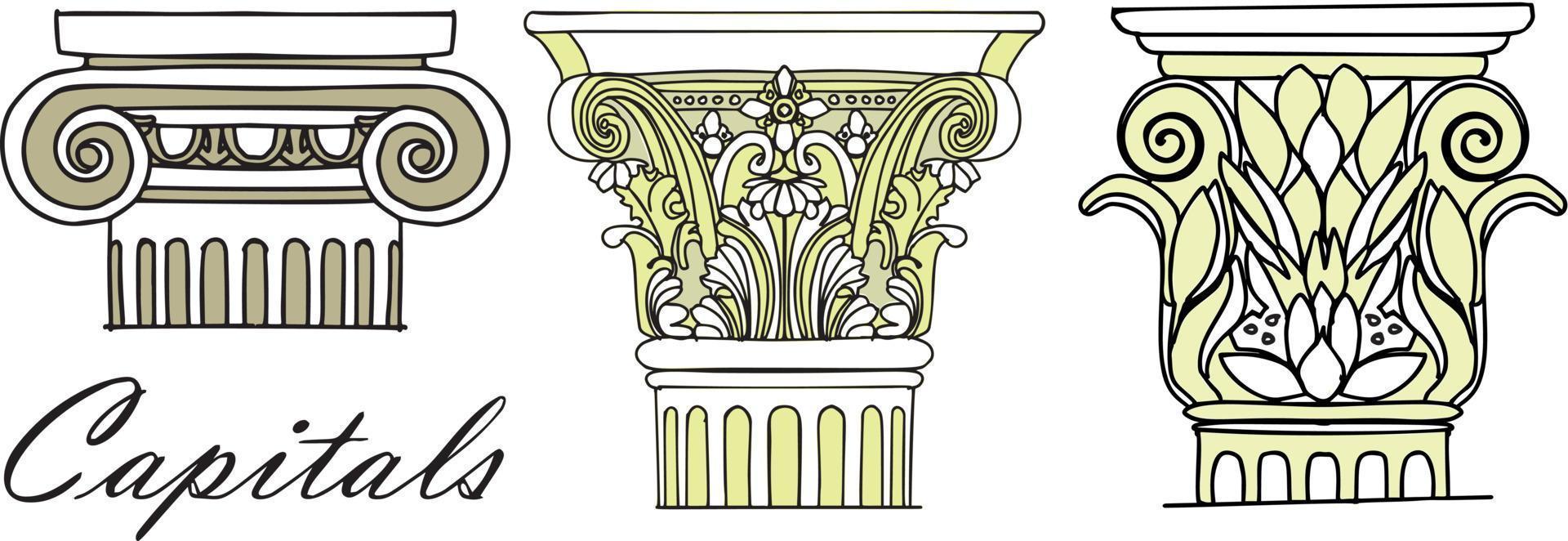 Roman and greek stylized classic columns. Black contour. Antique, ionic. Vector illustration, isolated.
