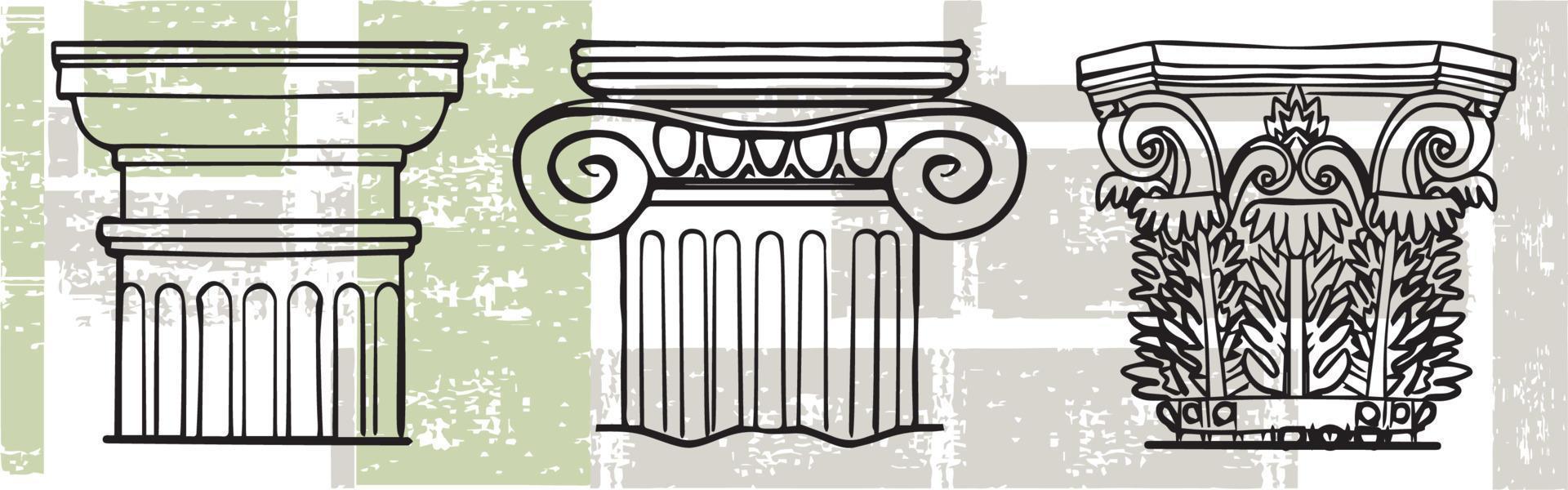 Roman and greek stylized classic columns. Black contour. Antique, ionic. Vector illustration, isolated.