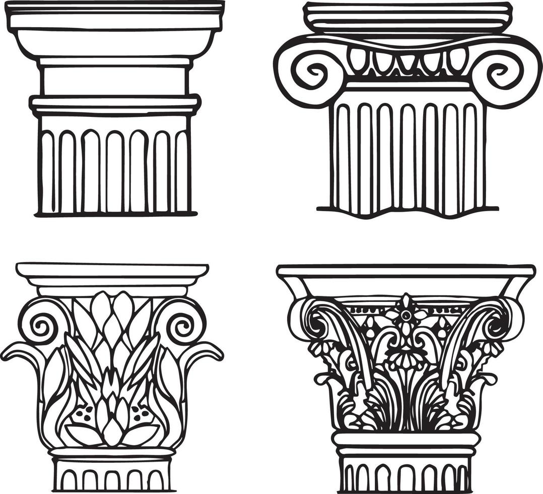 Roman and greek stylized classic columns. Black contour. Antique, ionic. Vector illustration, isolated.