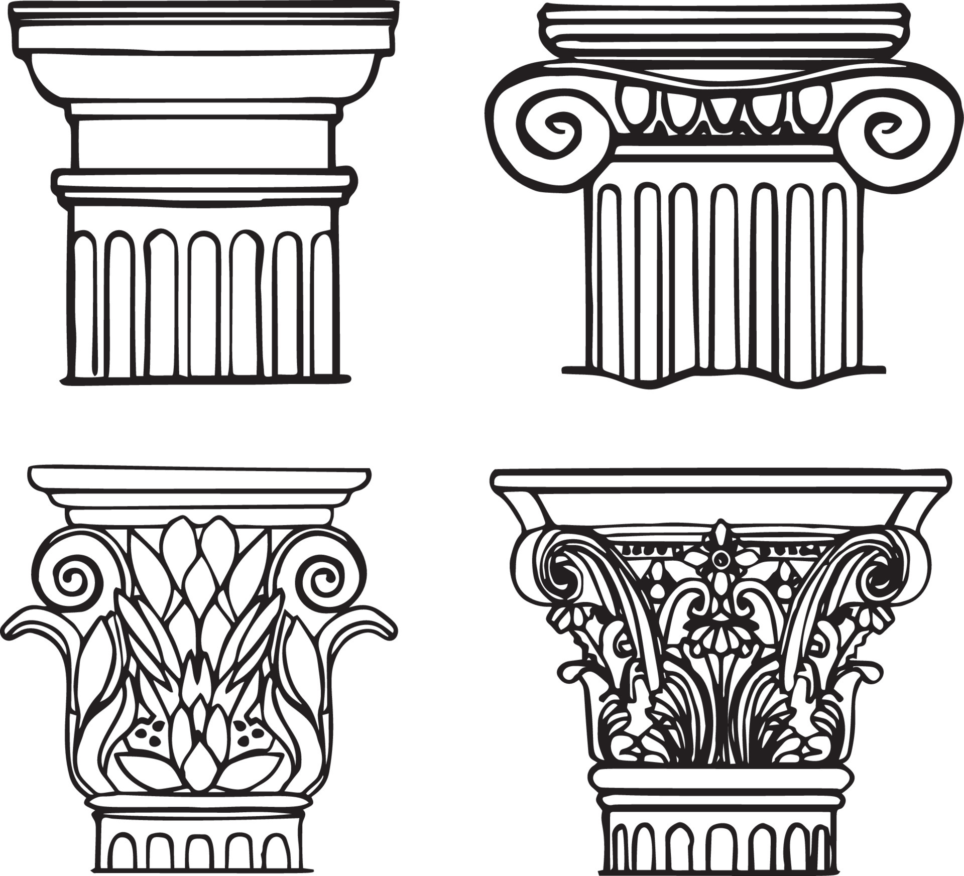 Roman and greek stylized classic columns. Black contour. Antique, ionic