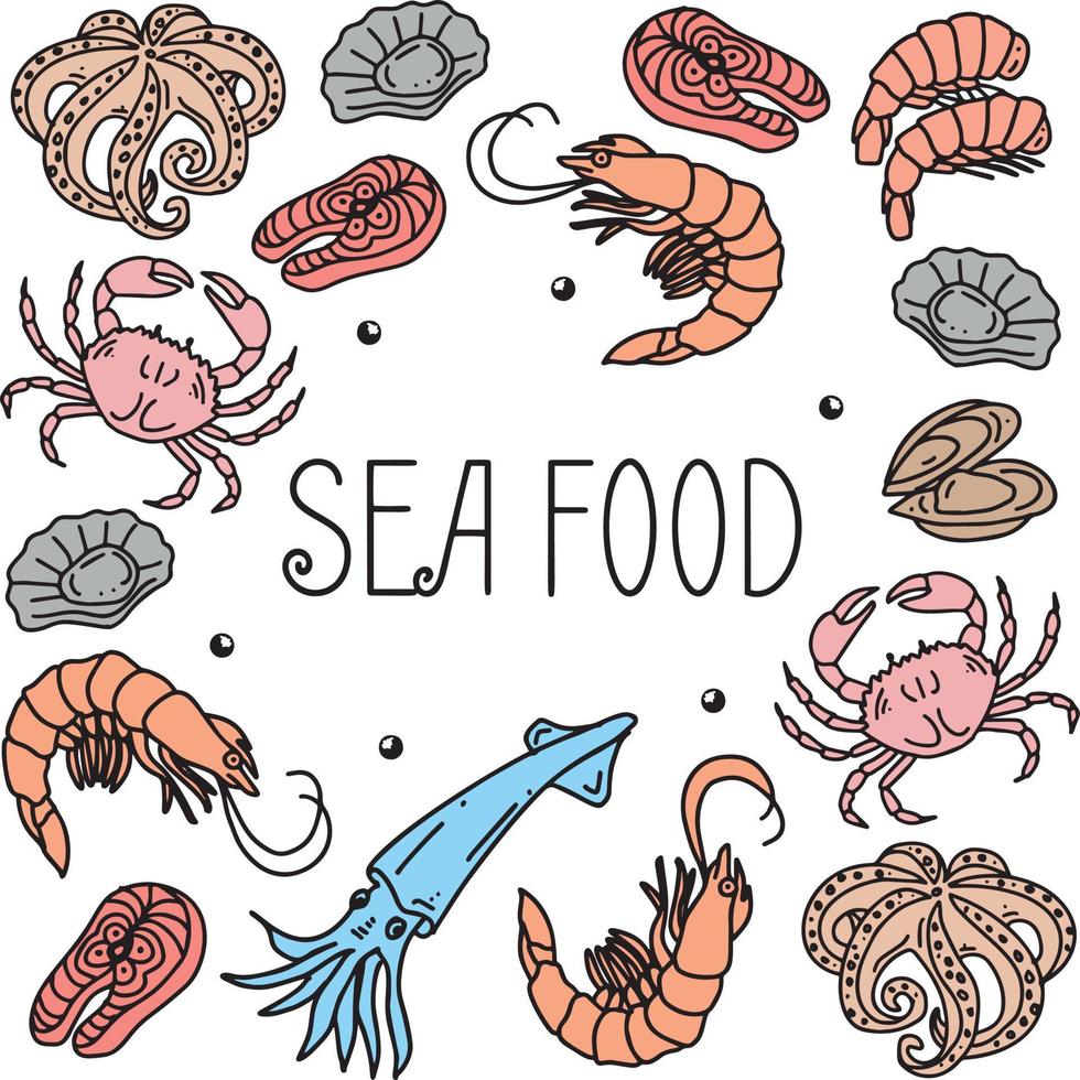 Vector frame with hand drawn seafood illustration. Fresh lobster, crab, oyster, mussel, squid and shrimp. Decorative poster or banner design with sea food sketch. Vintage menu template.