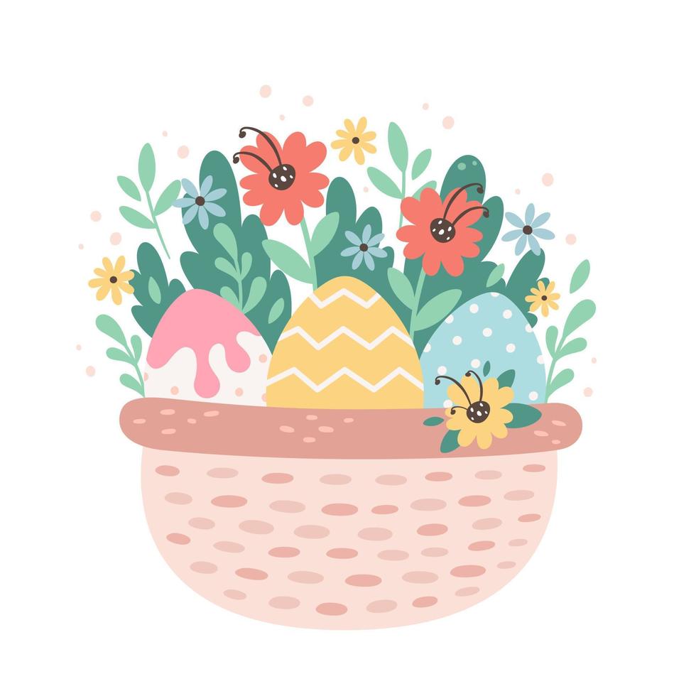 canasta con huevos de pascua y flores. felices pascuas, tiempo de primavera vector
