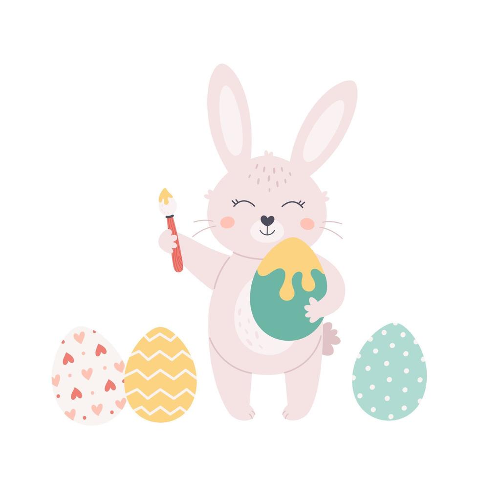 Bunny painting Easter eggs. Happy Easter. vector