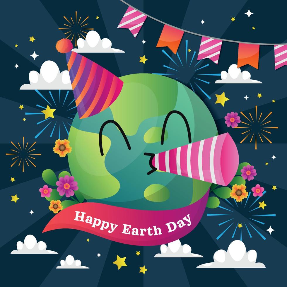 Cute Globe Celebrating Earth Day in Night Background vector