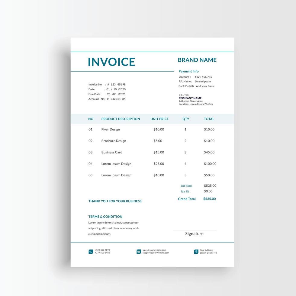 Minimalist and professional black and white blue color invoice, voucher, receipt sales voucher template vector format