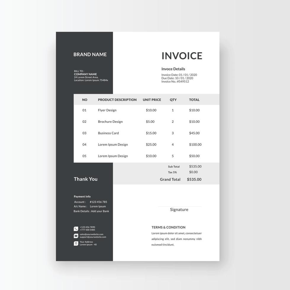 Minimalist and professional black and white blue color invoice, voucher, receipt sales voucher template vector format