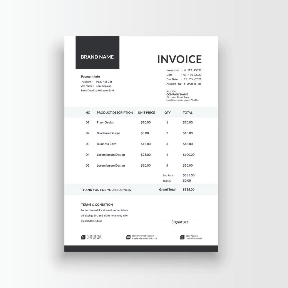 Minimalist and professional black and white blue color invoice, voucher, receipt sales voucher template vector format